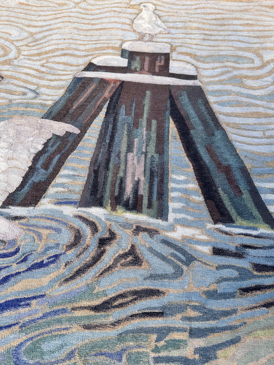 Image 1 of Monumental Art Deco Tapestry - Seagulls at Dukdalf - ca. 1930 - Handcrafted with Monogram.