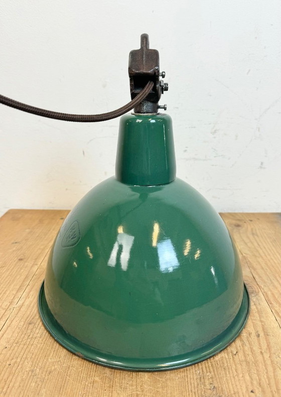 Image 1 of Industrial Green Enamel Factory Lamp with Cast Iron Top, 1960s