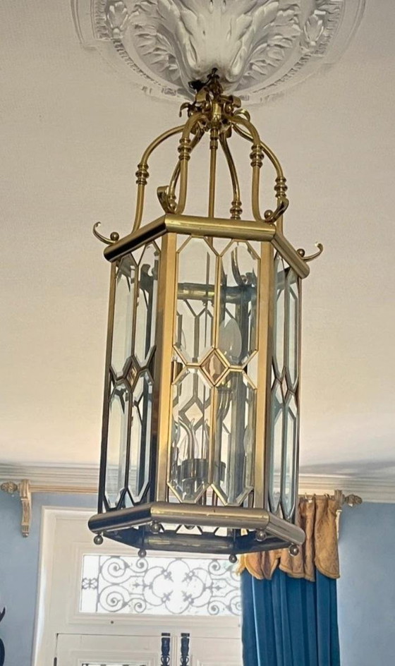 Image 1 of Enorme lanterna a sospensione Lustre Française in vetro Biseauté e Laiton Poli
