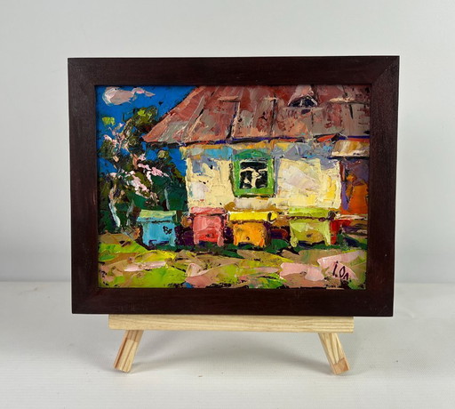 Original Oil Painting Village House Landscape Spring is coming to the yard