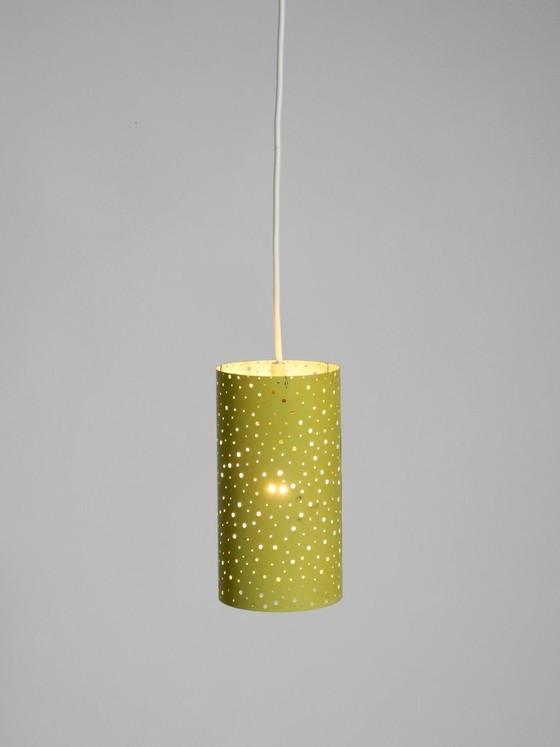Image 1 of Beautiful mid-century pendant lamp in perforated metal, mustard yellow, by Ernest Igl for Hillebrand