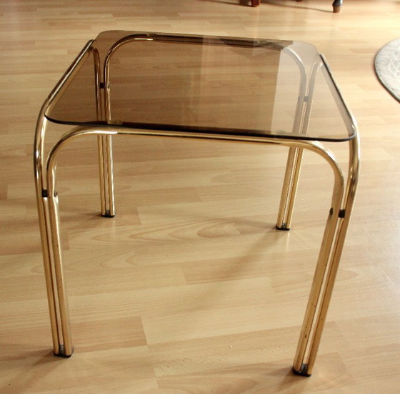 Image 1 of Small side table, brass/smoked glass top, Space Age