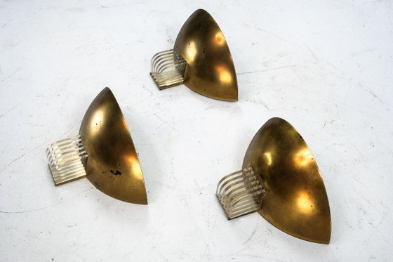 Image 1 of Set of three Italian Deco-style brass wall sconces, Italy 1970s