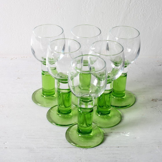Image 1 of Set of 6 Vintage Limoncino Liqueur Glasses / Green Stem Shot Glasses Bormioli / Italy / 1970s