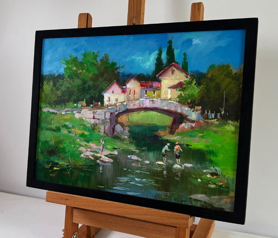 Image 1 of Original Oil Painting Village Bridge Landscape Relaxing by the river on a summer day