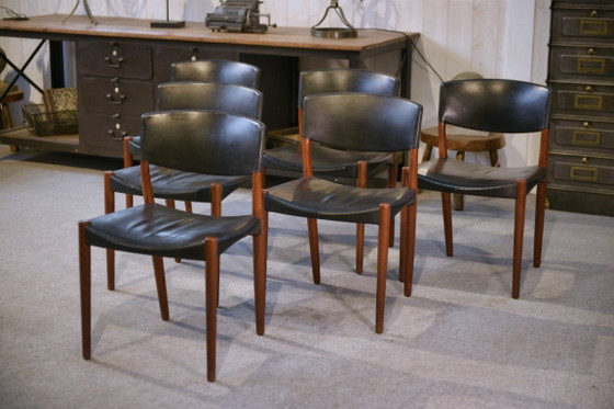 Image 1 of Ensemble de 6 chaises Ejner Larsen et A. Bender Madsen pour Willy Beck design scandinave en cuir et palissandre 1960's