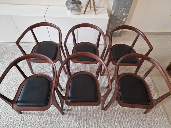 Image 1 of Walnut Chairs With Leather Seat, 6X