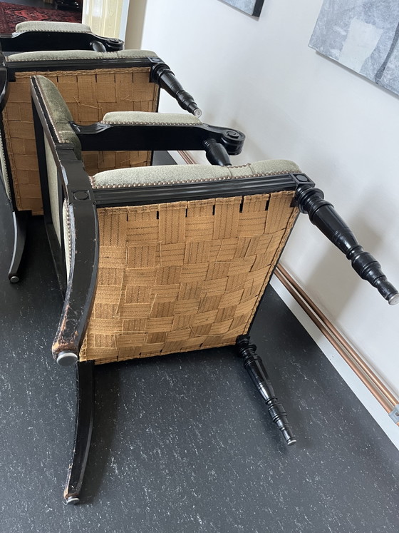 French Armchairs, Black Lacquered Wood, Olive Green Velvet (photo 8 of 15)
