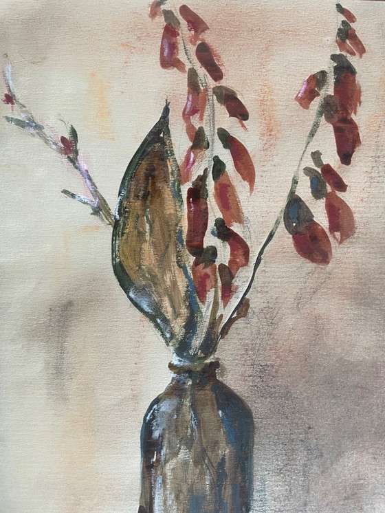Image 1 of Watercolor and pastel still life painting "Vase of Dried Flowers"