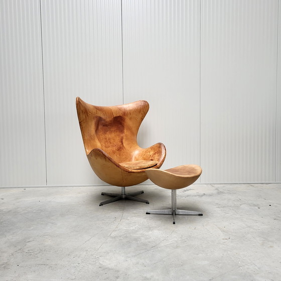 Image 1 of Vintage Cognac Egg Chair & Ottoman By Fritz Hansen 1970S