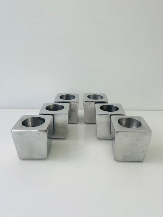 Image 1 of Ensemble de 6 porte-bougies chauffe-plat géométriques en acier inoxydable – motif cubiste