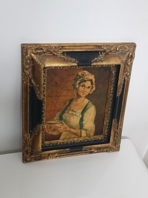 Olio su tela firmato Michel Capron, Giovane donna con ciotola, circa 1950