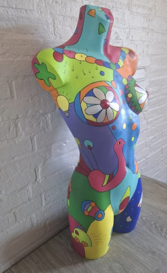 Image 1 of Handgeschilderd vrouwelijk torso in pop-artstijl - gesigneerd "MH i2" - uniek kunstwerk