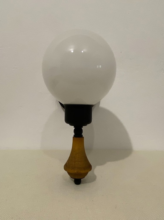 Vintage Opal Glass Globe Wall Lamp with Wood Detail, 1970s, Wall lights, Metal, Black (photo 4 of 16)
