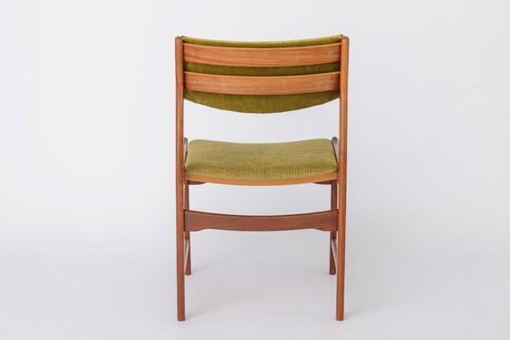 Image 1 of 1 of 5 Vintage Teak Dining Chair 1970s Germany, Restored Wood Frame, Green Upholstered Seat, Mid Century Modern
