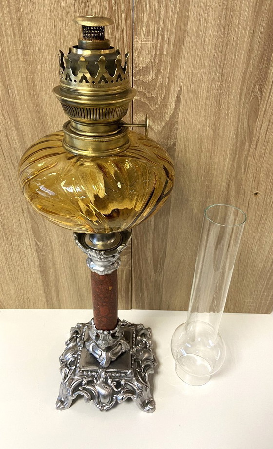 Image 1 of Ancienne Lampe à Pétrole Colonne Huile Kérosène France 1900 "HS" Art Nouveau