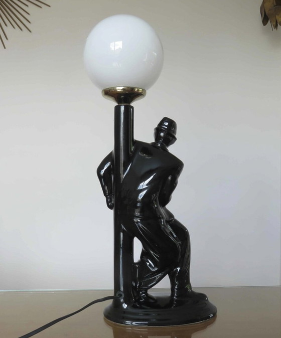 Image 1 of Large Black Ceramic and White Opaline Ball Lamp "Homme Au Lampadaire