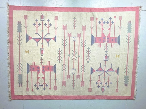 Tappeto Kilim vintage, lana e cotone, stile folk, Polonia, anni '70