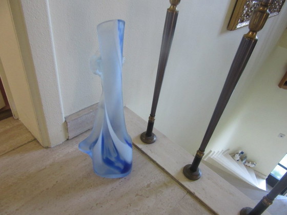 Image 1 of Swirled Frosted Blue Heavy Glass Bud Vase Art Nouveau inspired, vintagefron