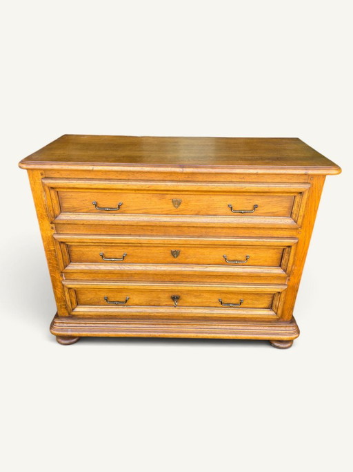 Antieke eikenhouten commode met drie laden in de Lodewijk XIII-stijl. – ladekasten, Metal, Wood