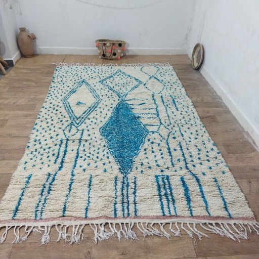 Marokkanischer Berber-Azilal-Teppich – 300 x 190 cm – Naturwolle – Blaues geometrisches Muster
