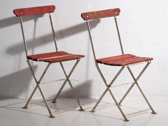Antique red garden folding chairs (c.1920). Set of 4 pieces – Garden chairs, Wood, Iron (photo 34 of 40)