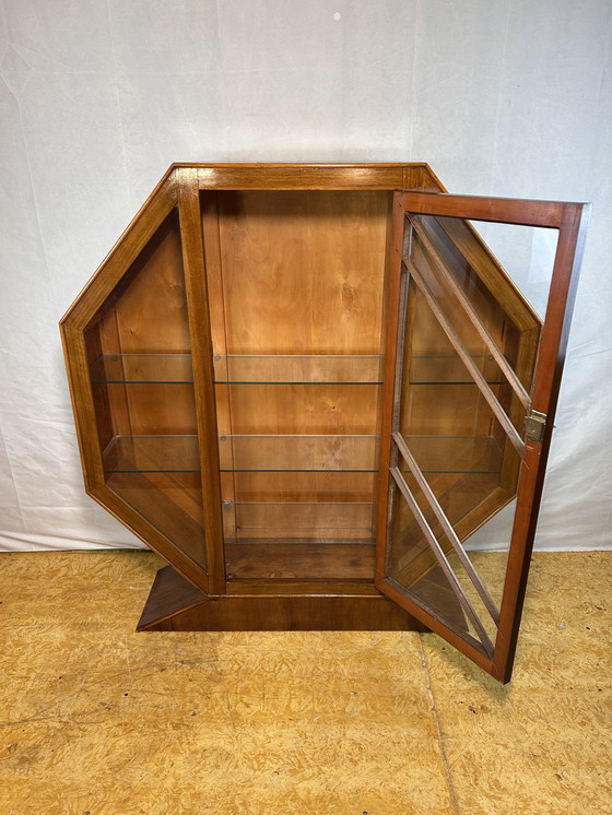 Image 1 of Art Deco Vintage Brocante Walnut Hexagonal Display Cabinet – 1920–1930 Striking Geometric Design | Elegant Display Storage