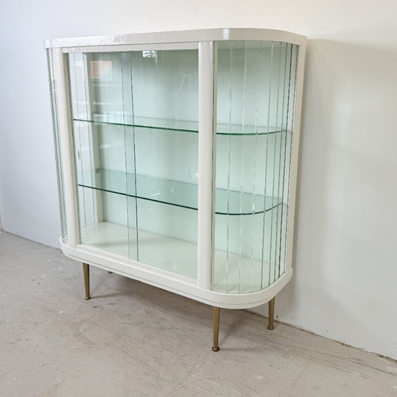 Image 1 of White vintage slatted display case on gold legs