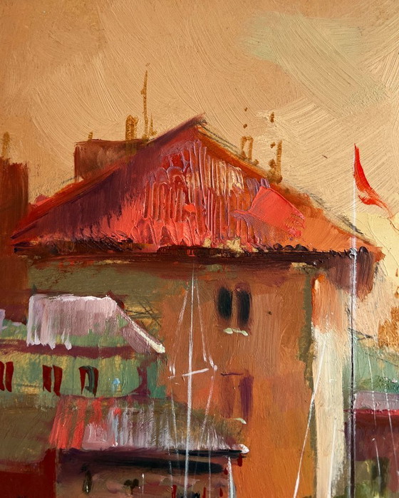 Image 1 of Original Oil Painting Evening City Landscape Venice port with sunset