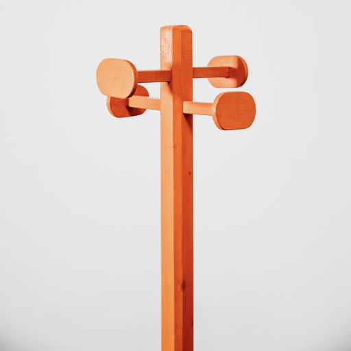 Paragüero/perchero de madera naranja vintage de los años 60, estilo mediados de siglo.