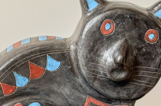 Image 1 of Folk Art Ceramic Cat Sculpture – Handcrafted & Painted