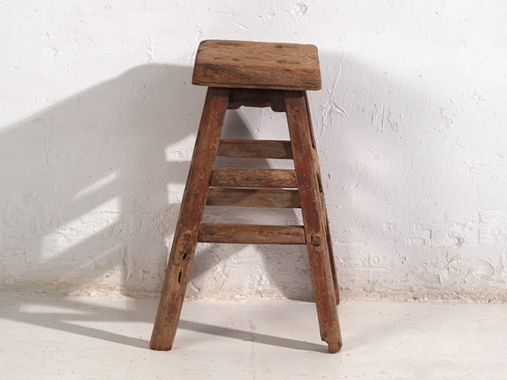 Kleiner antiker Hocker (ca. 1900) #7, Holz, Braun, Rustic (Foto 28 von 34)