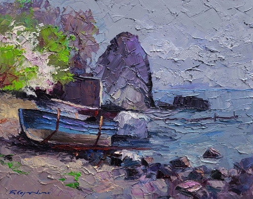 Original Oil Painting Seashore Rocks Boat On The Shore Calm Of A Sea Morning – schilderijen tekeningen, Canvas