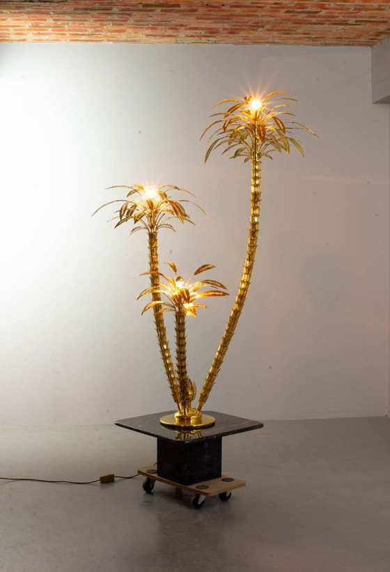 Image 1 of Italian Golden Palm Tree Floor Lamp with Three Sparkling Branches