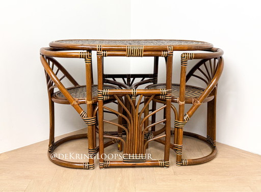 Vintage rotan bistroset, tafel met twee stoelen