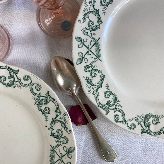 Image 1 of 6 assiettes dessert terre de fer Longchamp modèle Trévise vert faïence ancienne 