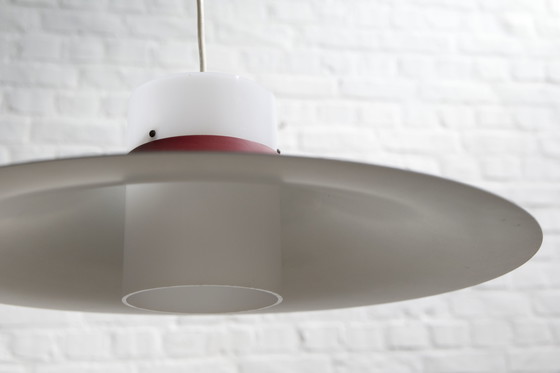 Image 1 of Deense rood metaal en opaal plastic hanglamp, 1960'S