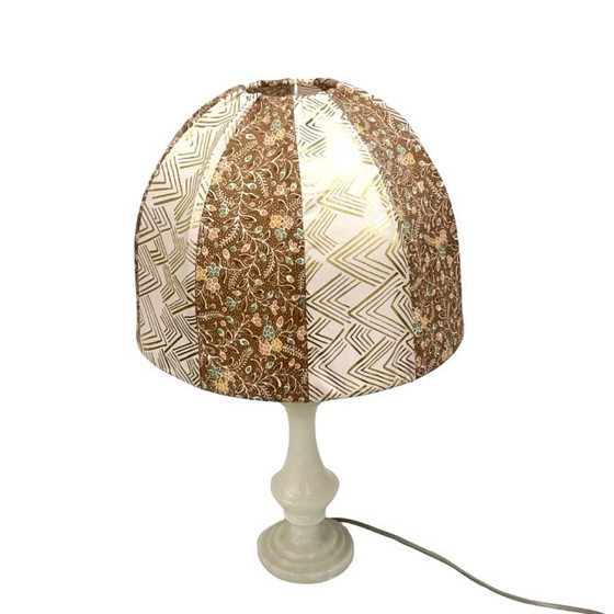 Image 1 of Lampe de table italienne vintage en albâtre/onyx, abat-jour cousu à la main, années 1960.