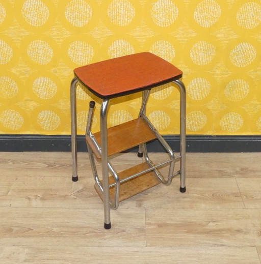 Vintage 50er Jahre Hocker Rot Meliert Klapptritt Leiter Metall und Holz Tritt Industrial Retro Ladder Stool