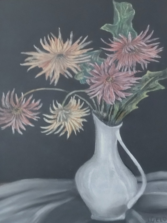 Image 1 of Tableau ancien pastel fleurs J Gelders cadre doré vintage