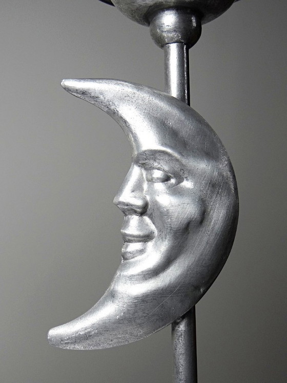 Image 1 of Pair of vintage mid-century silver-plated pewter Sun & Moon handcrafted candlesticks