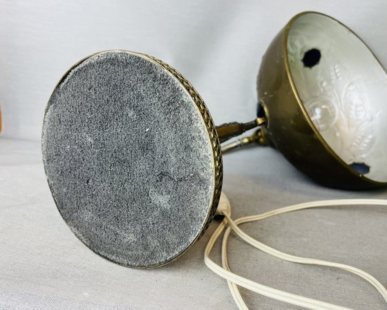 Image 1 of Art Deco Vintage Ornate Brass Table Lamp with Blue Glass Inserts, 1930s