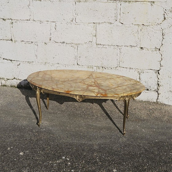 Image 1 of French Vintage oval Onyx Marble and Brass Coffee Table-Marble Cocktail Table-Lounge Table-Style Louis XV-60s