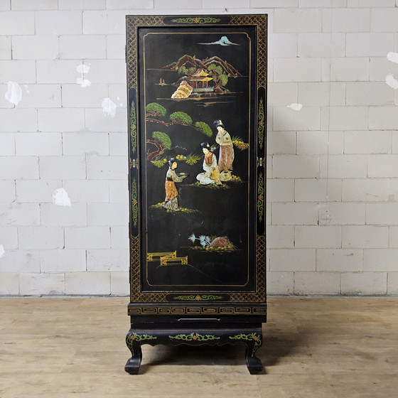 Image 1 of Vintage Chinese Cabinet Black with Hand-Painted Scenes / bohemian cabinet / Asian / Oriental cabinet