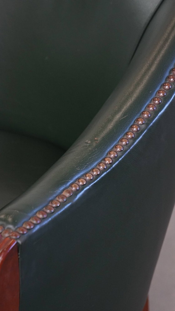 Image 1 of Beistell-/Ess-/Bürostuhl aus grünem Rindsleder und Holz im englischen Stil