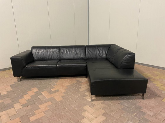 Image 1 of Canapé d'angle en cuir véritable noir – Assise large – Base solide