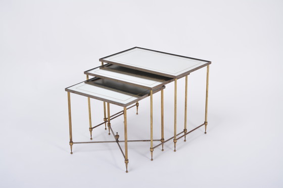 Image 1 of Hollywood Regency Brass and Glass Nesting Tables in the Style of Maison Jansen, Set of 3