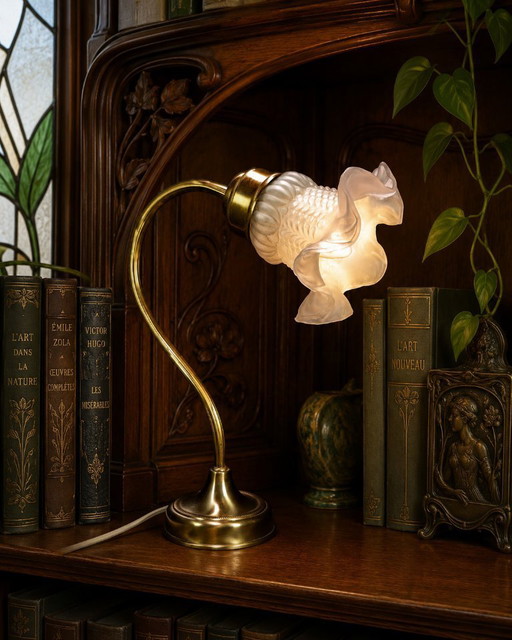 Vintage Frosted Glass Tulip Table Lamp – Art Nouveau Style Swan Neck Brass Lamp – Working