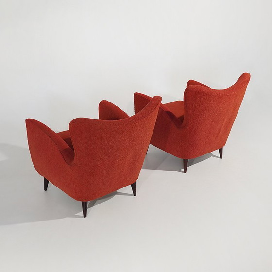Coppia di poltrone rosse con piedini a cono, anni '50 – Textile, Wood (photo 6 of 14)