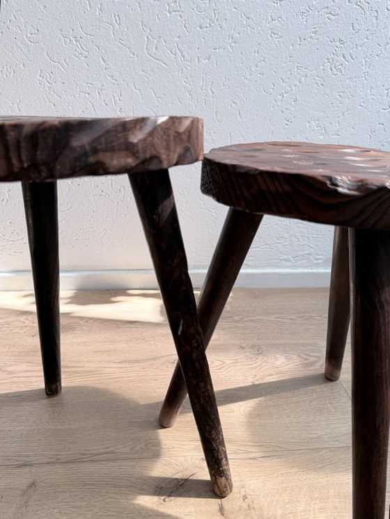 Image 1 of Set of 2 Vintage Brutalist Three-legged Stools / Tabourets – 1950s/1960s